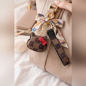 Cute Kitty Keychain Wristlet | Checkered Vegan Leather | Brown or White